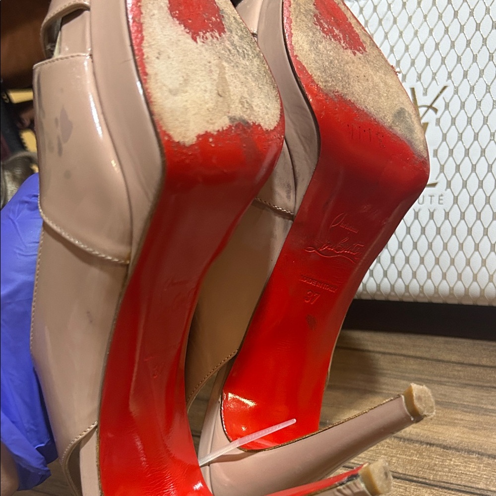 ❤️sold ❤️ Louboutin Nude patent slingback heels peep toe pumps red sole - Picture 6 of 11